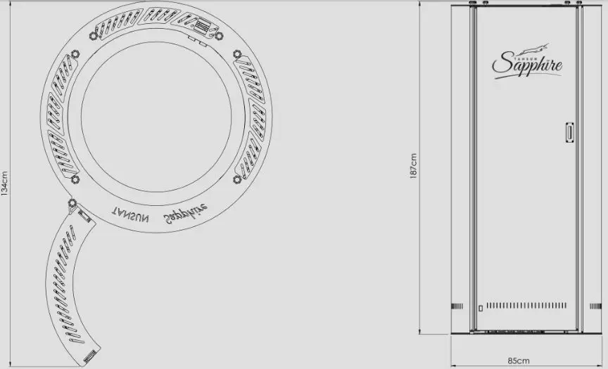 Technical 2D drawing of the Tansun Sapphire showing 187cm height, 85cm width and 134cm door-open clearance
