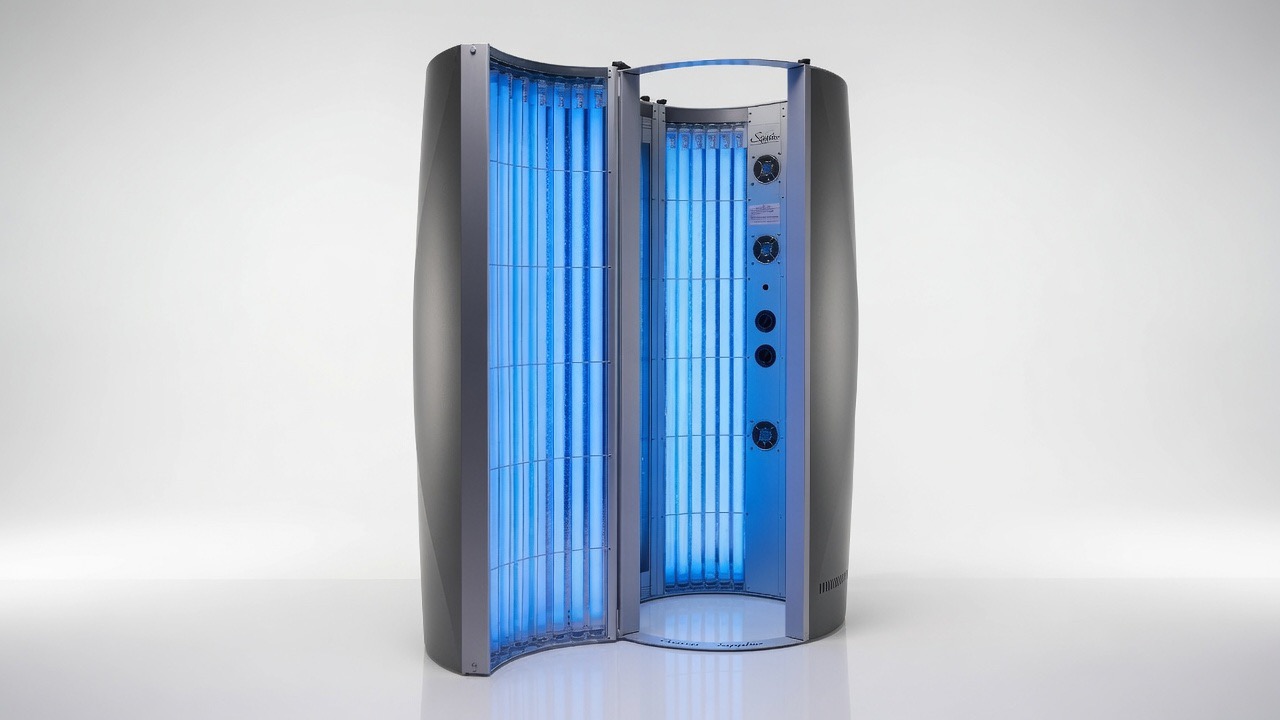 Tansun Sapphire stand-up sunbed with door open and UV lamps lit