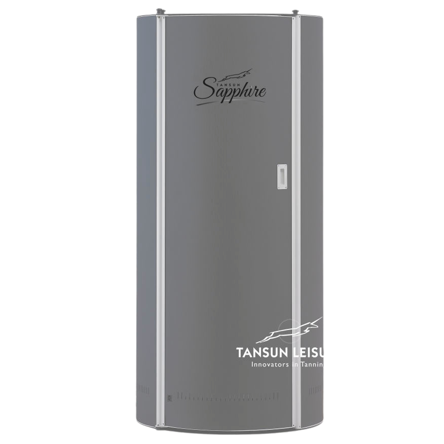 Tansun Sapphire 360 stand-up sunbed closed for storage