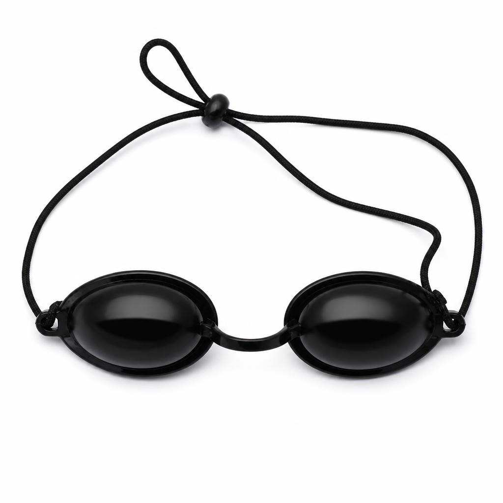 Black UV-protective tanning goggles with adjustable strap